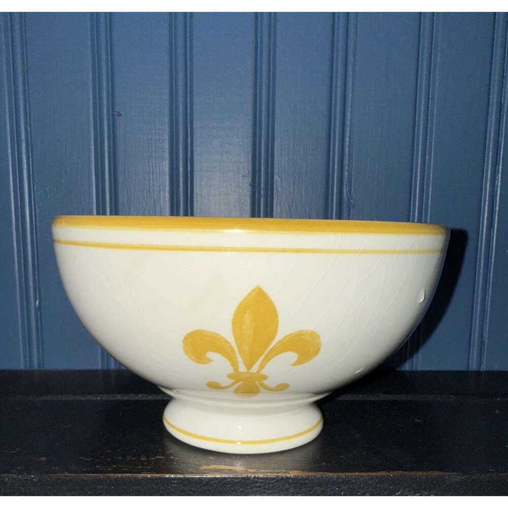 Williams Sonoma Fleur De Lis Yellow Gold Footed Soup Cereal Bowl